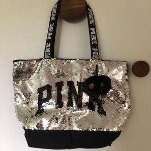 VS Pink Silver Sequined Large Tote Bag With Charm